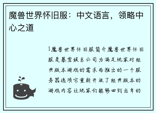 魔兽世界怀旧服：中文语言，领略中心之道